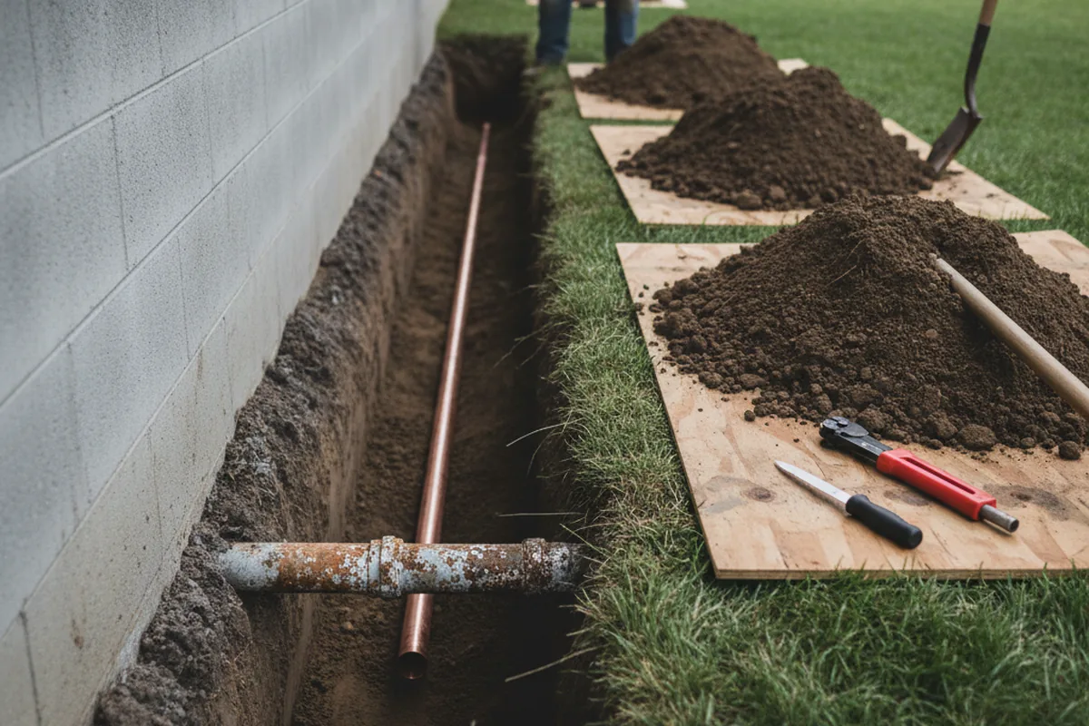 Excavated water line trench during Water Softener Installation in New Berlin